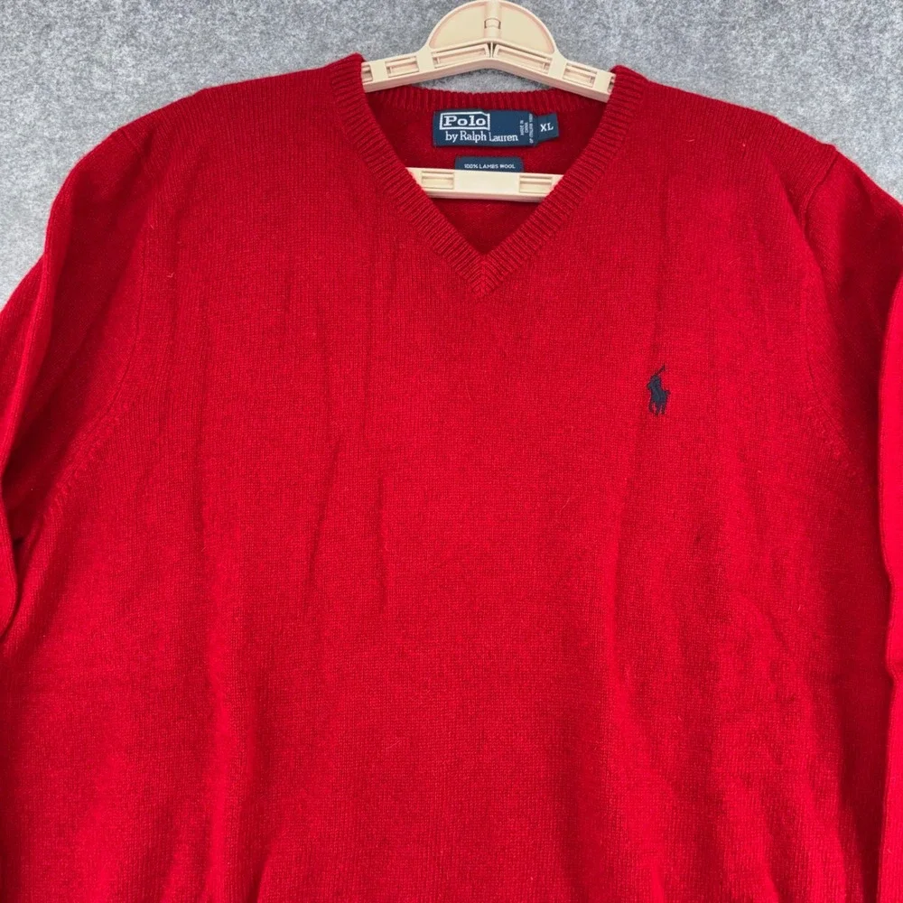 VTG Polo Ralph Lauren Men XL Red 100% Lambswool V-Neck Sweater Italian Yarn Pony